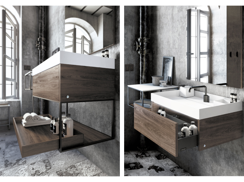 Mueble de baño con lavamanos estilo industrial. Mueble de baño de madera pegado a muro.