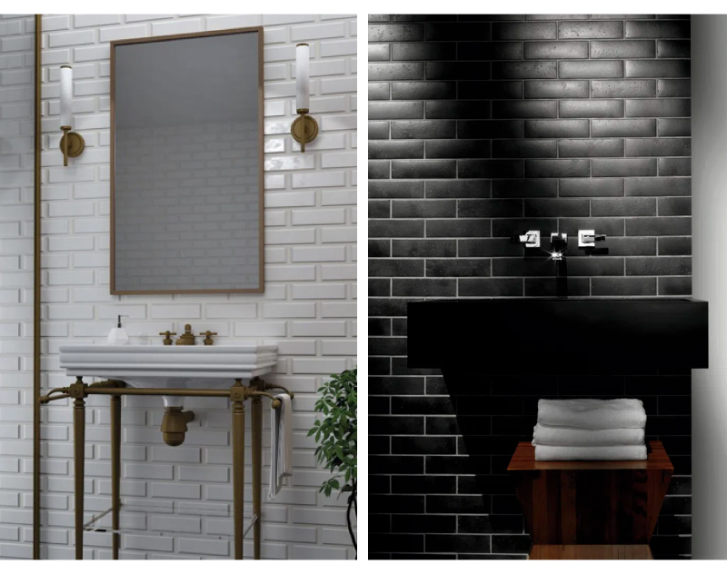 Baño con pared de ladrillos blancos y ladrillos negros. Lavamanos estilo antiguo. Lavamanos moderno negro matte.
