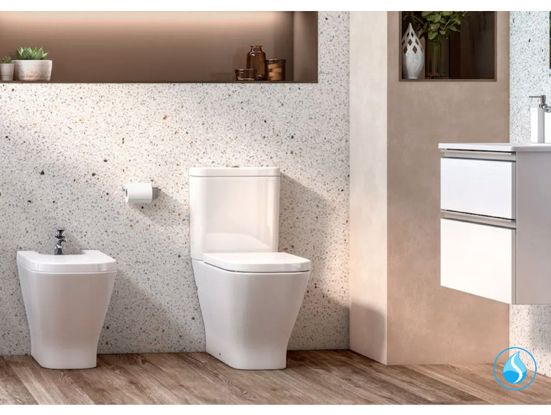 Baño y muebles de baño con diseño. Sanitatio o WC o Water moderno y liso. Muro o pared con estilo terrazo en tendencia.