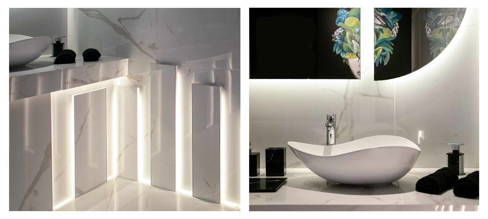 casa FOA, exposición, escenarios futuros, tendencias, diseño, estilo, novedades, marmol, calacatta, iluminación, espejo, figuras geometricas en el baño