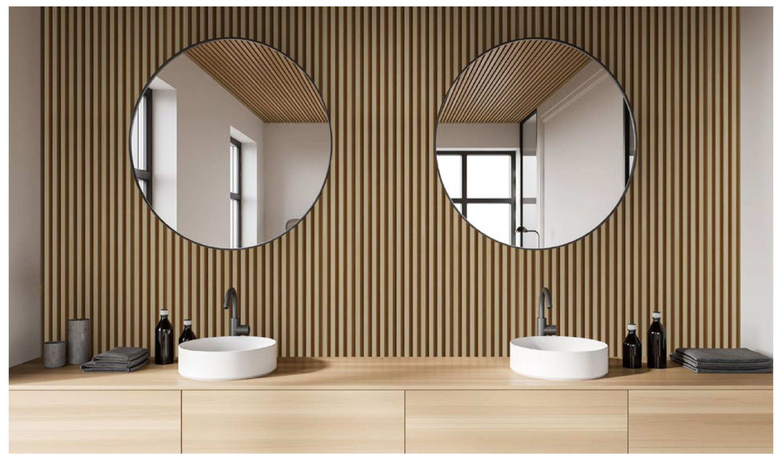 Líneas verticales, madera, wall panels, espejos, lavamanos, grifería, circular y baño.