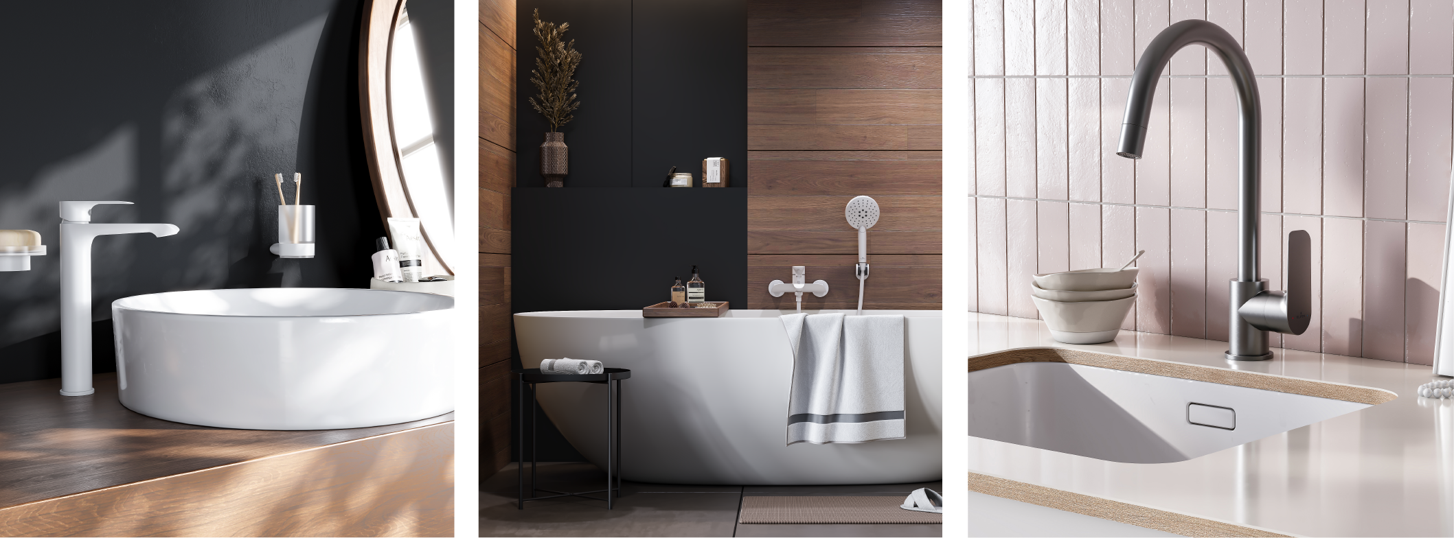 Tres imagenes de ambientes de baño y cocina, con grifería y lavamanos de color blanco y grifería de cocina negra