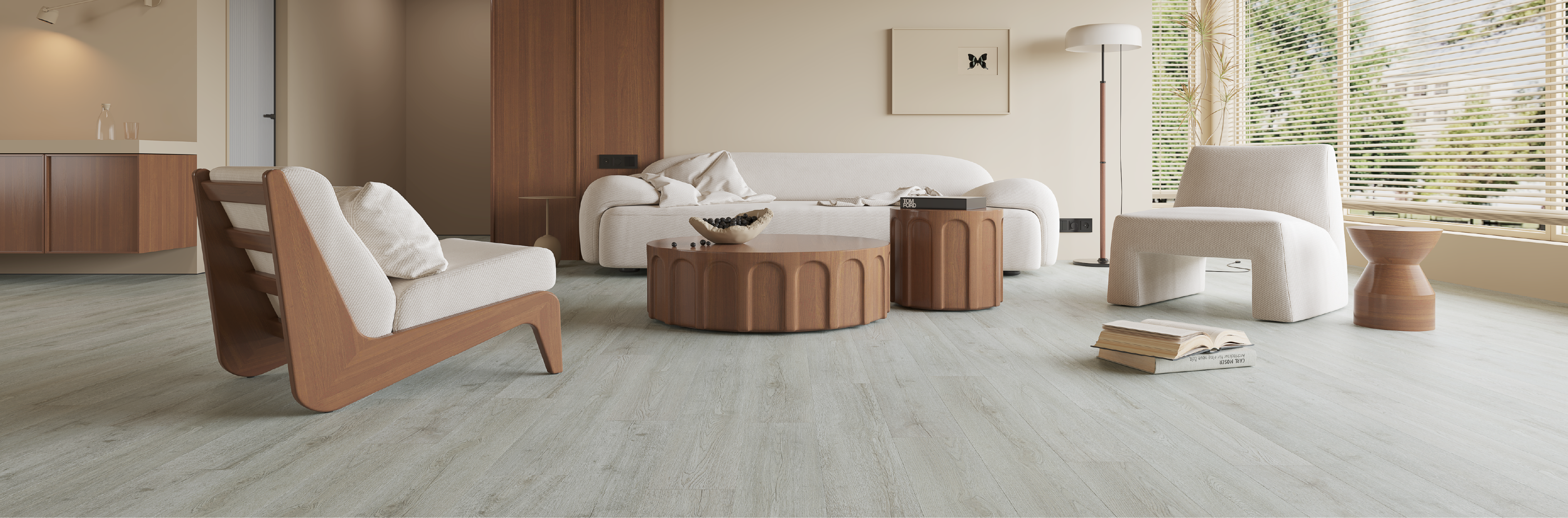 Living con un piso flotante color gris.