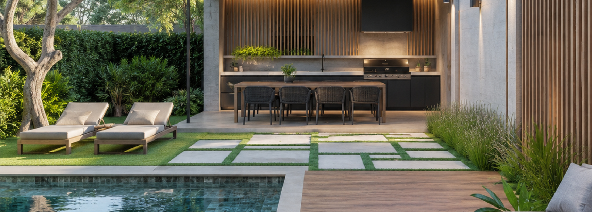 Terraza con piscina y pisos para exterior MK